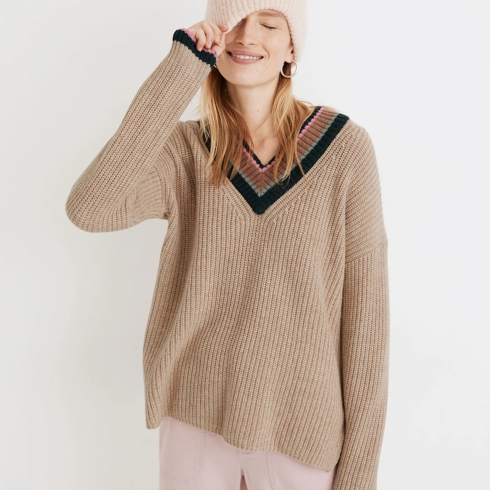 Madewell Tipped Forrest V-Neck Sweater Size XXS Wool Blend